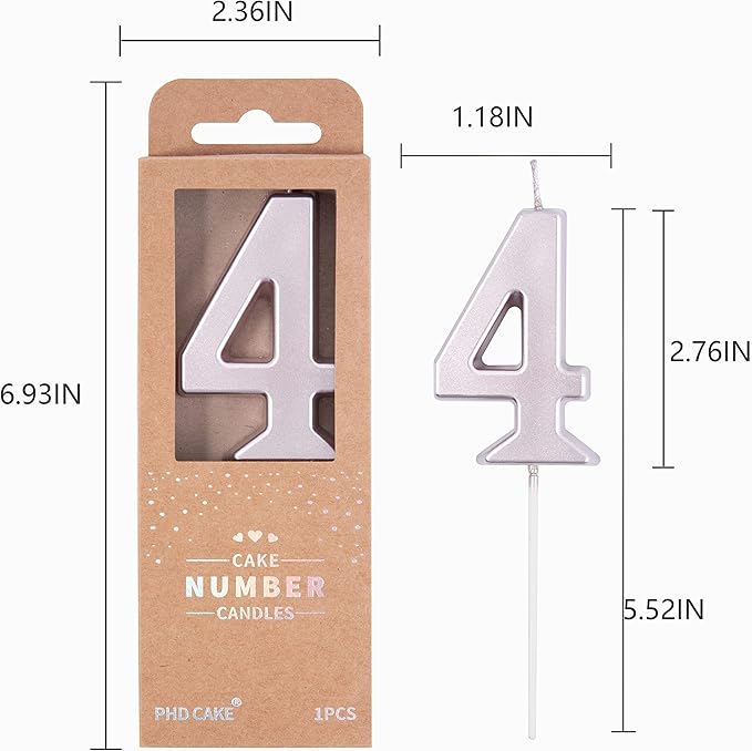 PHD CAKE 2.76 Inch Modern Rose Gold 4 Number Birthday Candles, Rose Gold Number Candles, Cake Number Candles, Party Celebration