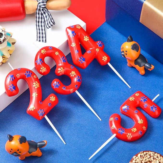 Conelist Number 4 Dog Paw Birthday Candles Dog Toppers Candles Blue Yellow and Red Numeral Birthday Cake Topper for 4 Year Old Boy Girl Paw Party Decoration Party Supplies