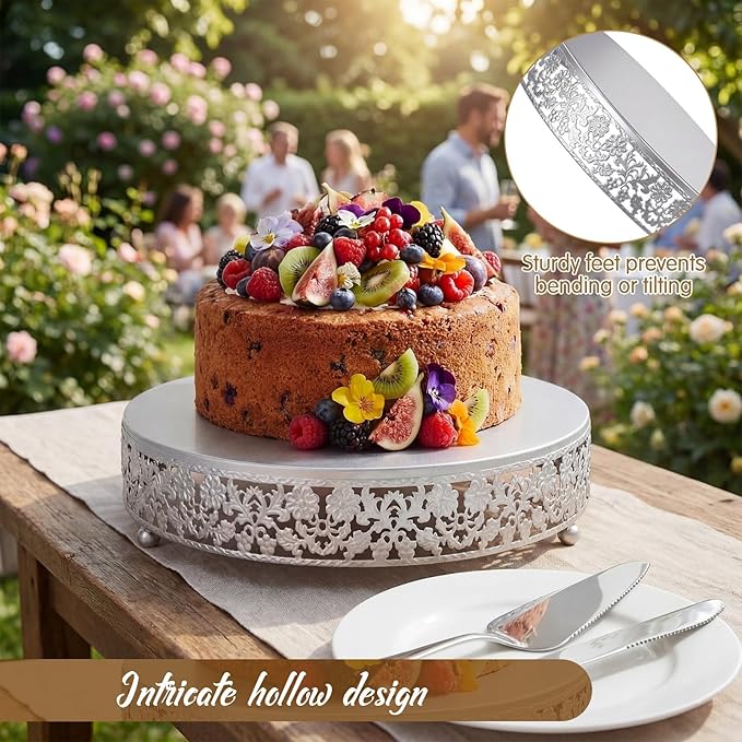 Wenqik 12 Inch Silver Cake Stand Set Metal Round Cupcake Dessert Stand with Cake Cutting, Spatula Wedding Cupcake Pastry Display Candy Holder Display for Wedding Party Birthday Baby Shower (Flower)