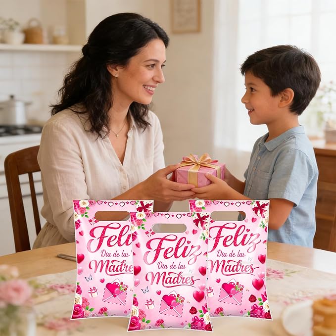 Hokinaa Mothers Day Gift Bags - 50 Pcs Feliz Día de Las Madres Bolsas de Regalo Spanish Happy Pink Floral Flower Large Plastic Goodie Treat Party Favors Snack Candy Bag Bulk with Handles for Women Mom