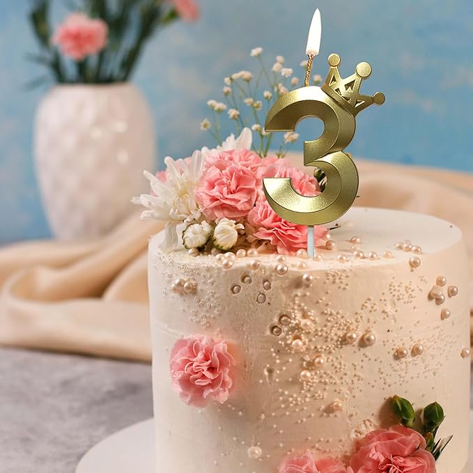 The Number 3 Gold Birthday Candles for Cake is Beautiful Number Candles for 3rd Birthday Decorations for Boys and Girls (Gold-3, Crown)
