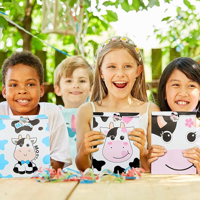 Leinuosen 24 Pack Cow Print Treat Candy Bags Cow Party Favor Gift Bags for Kids Farm Animal Themed Goodie Boxes for Cowboy Birthday Baby Shower Rodeo Party Supplies