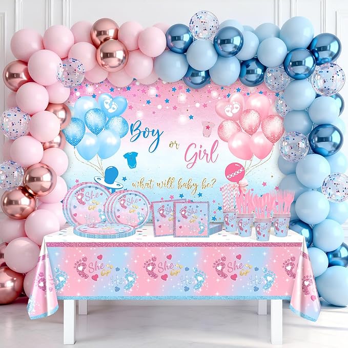Gender Reveal Decorations 258 PCS Boy or Girl What Will Baby Be Banner He or She Plates Napkins Cups Tablecloth Pink Blue Baby Reveal Balloons Set Gender Reveal Party Supplies Serve 24