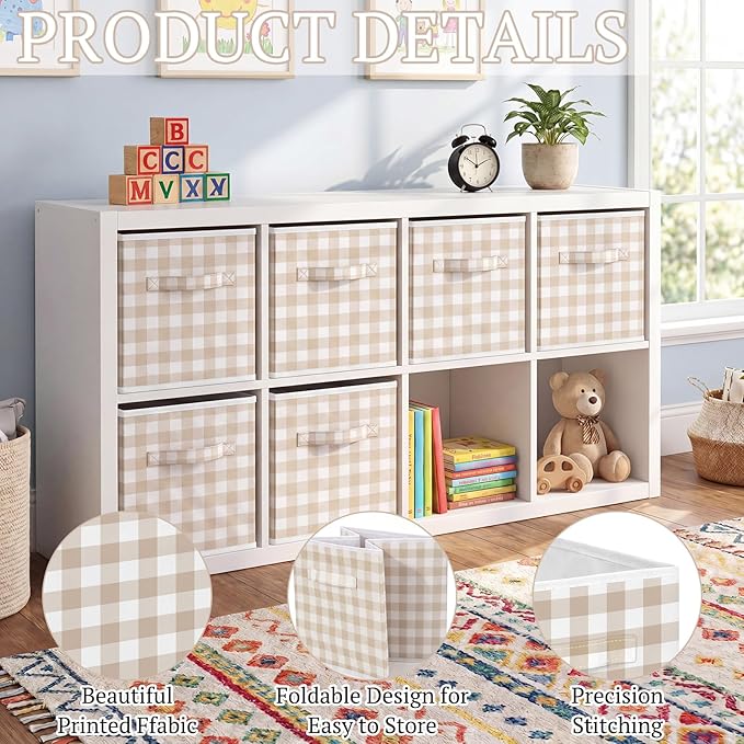 Yalikop 6 Pcs Beige Checkered Cube Storage Bins, 11 Inch Fabric Gingham Classroom Storage Bins Organizer with Handle Preppy Collapsible Cubby Basket for Classroom Home Nursery Playroom Bedroom