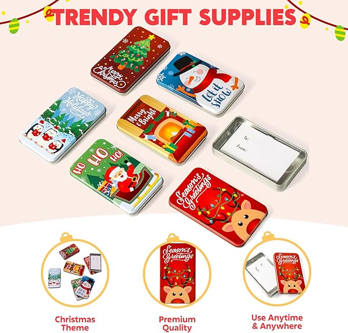 JOYIN 6PCS Gift Card Holder Boxes Christmas, 4.33” x 2.6” x 0.6” Tins Money Cash Holders Unique for Xmas Holiday Birthday Present Decor, Party Favors Silver Coin Boxes with Lids in 6 Designs