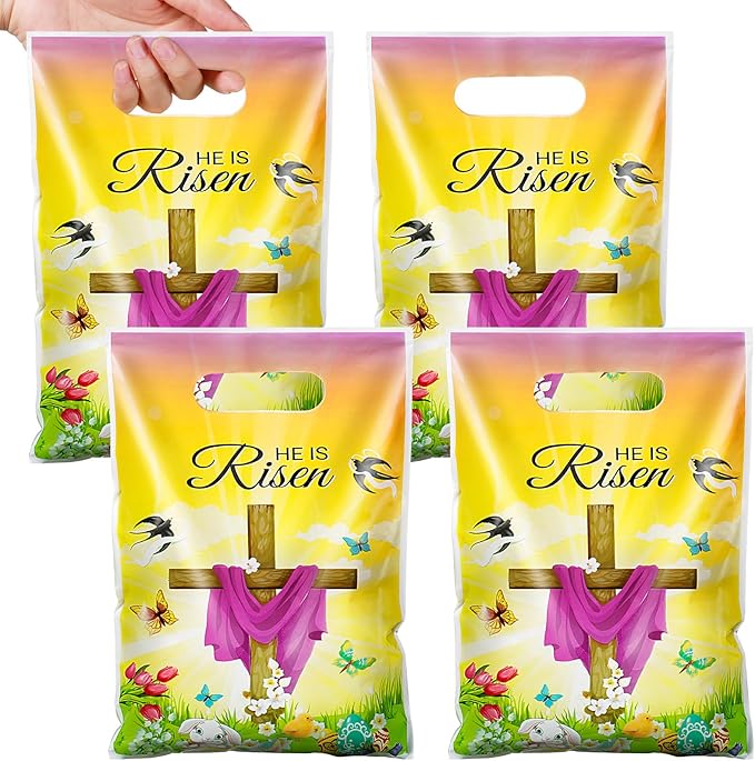 Pasimy 100 Pcs Treat Bags He is Risen Gift Bags Easter Party Goodie Candy Plastic Favor Pouches for Religious Theme Bible School Party Decorations Supplies (Yellow,Easter)