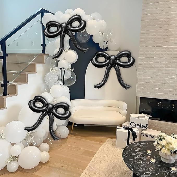 4 Pcs Bow Birthday Decorations Black Bow Balloons Bow Party Decorations Giant Foil Balloon for Girl Women Baby Shower Bridal Engagement Wedding Decor Bachelorette Party Supplies