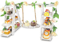 Wisreach Wooden 3 Tier Cupcake Stand with Swing and Flower Decoration Serving Removable Tray Display Serving Ladder Foldable Stand with Serving Platter Tray Party Food Display Set for Cake Snack Fruit Chips Bread Centerpieces Catering