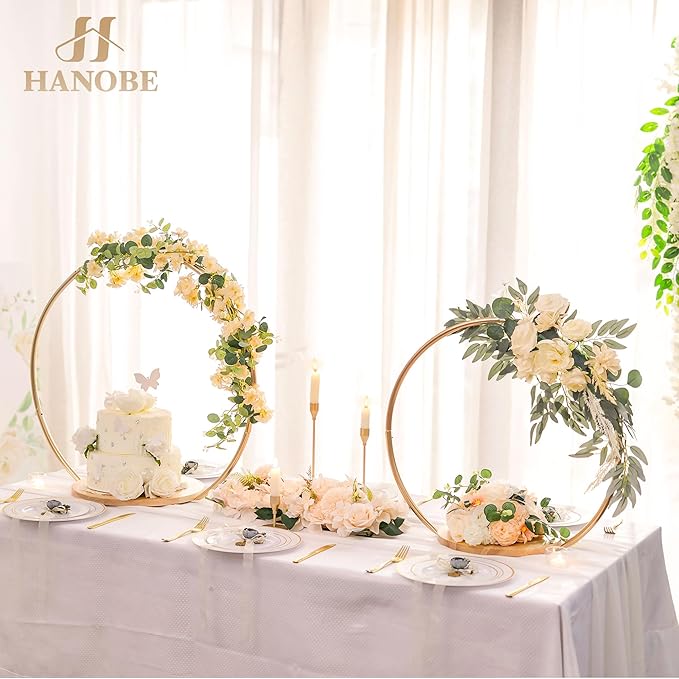Hanobe Wedding Cake Stand Gold: 14 Inch Round Arch Cupcake Display Stands with Wood Base for Party Decorative Metal Hoop Centerpiece Decor for Birthday Baby Shower