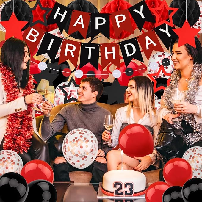 ZERODECO Black Red Birthday Decorations, Happy Birthday Banner with Honeycomb Ball, Hanging Swirl Streamer, Garland, Balloon Happy Birthday Party Decorations for Women Men Boys Girls