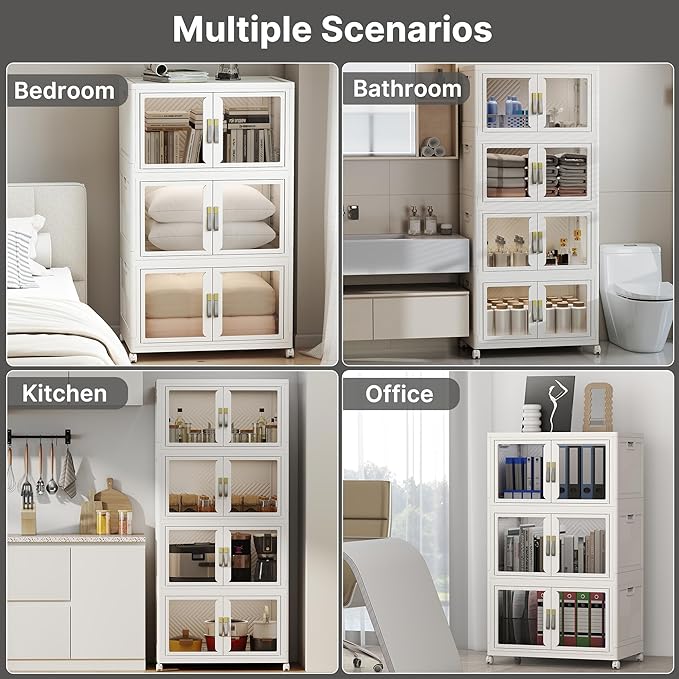 UAMFURI Stackable Storage Bins with Lids, Clear Doors, Large Storage Cabinet Foldable Collapsible Closet Organizers for Bedroom Dorm Office (3, White, 160, Quarts)