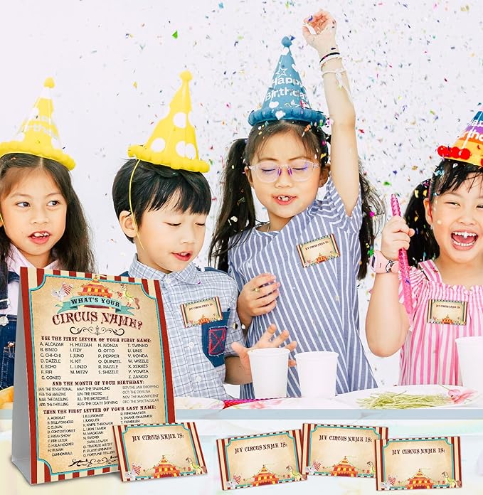 Circus Birthday Decorations, What's Your Circus Name, 1 Sign and 30 Name Stickers, Birthday for Adult Parties,Holiday Activity,supplies for Carnival Party Class Graduation Birthday