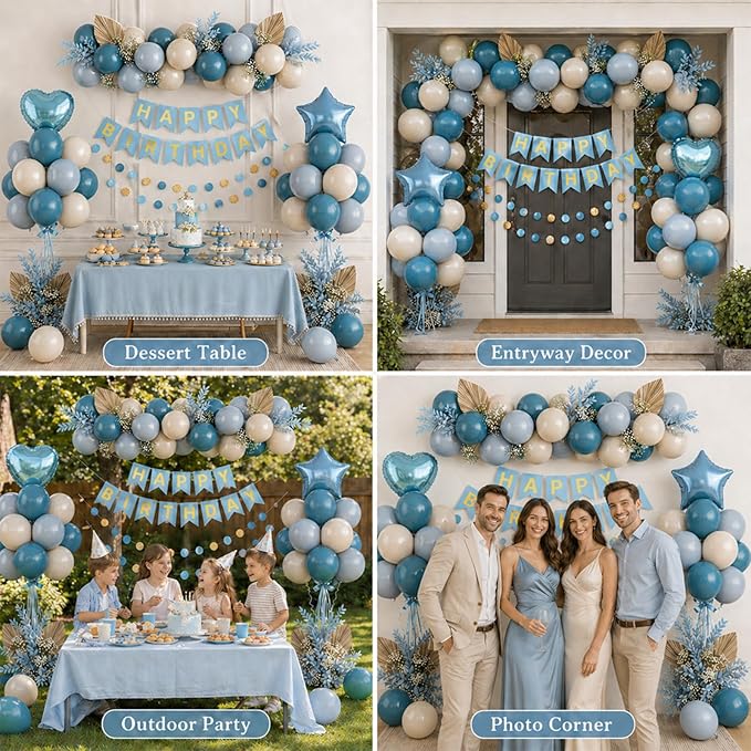 Blue Birthday Party Decorations for Boys Men Dusty Blue Sand White Balloon Set with Star Heart Foil Balloons Happy Birthday Bunting Banner Garland Navy Light Cream Beige Party Decor Kit Baby Girls