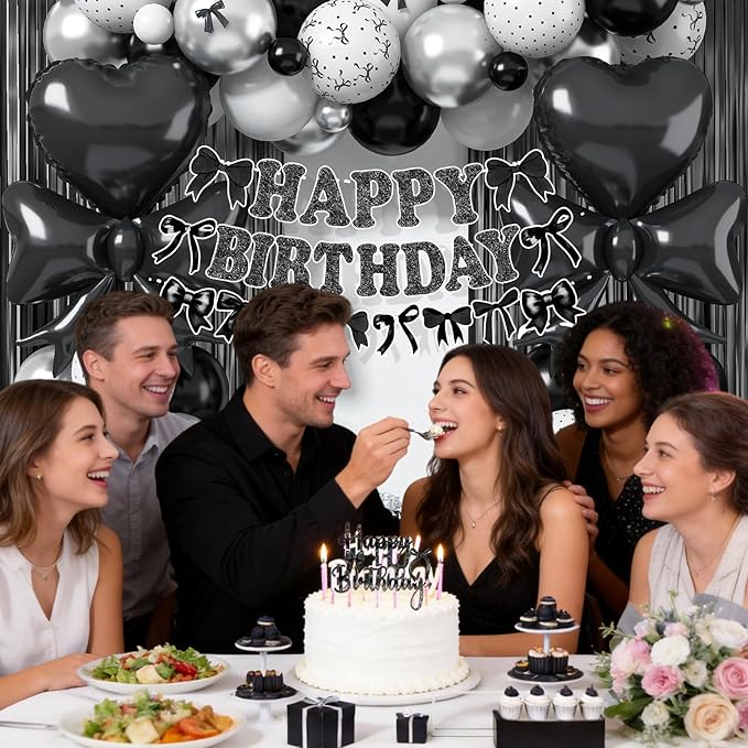 Black Bow Birthday Party Decorations, Coquette Bow Black and White Silver Balloons with Mini Bows Decor Happy Birthday Banner Fringe Curtain for Women Girls Bows Theme Bachelorette Baby Shower Party