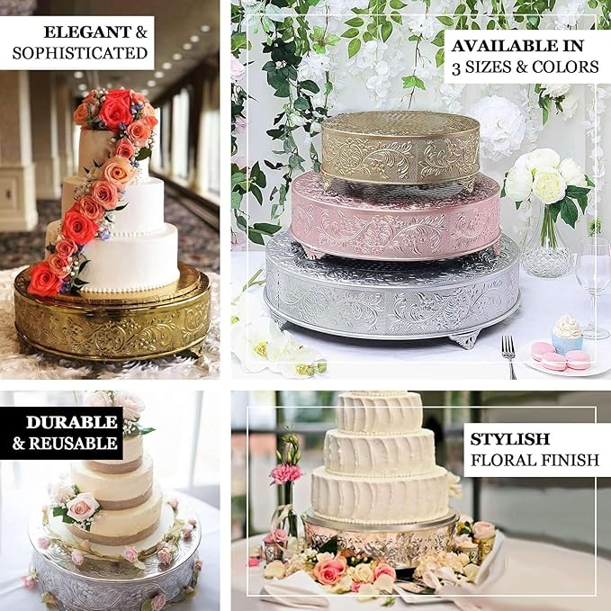 Efavormart 14" Gold Round Embossed Metal Cake Plateau Stand, Cake Riser for Holiday & Birthday Party Decor