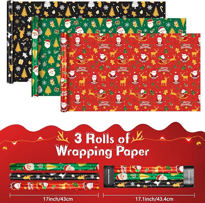 WERNNSAI Christmas Kids Wrapping Paper - 3 Rolls 17" x 120" Kids Christmas Foil Wrapping Paper Rolls Girls Boys Christmas Santa Wrapping Papers Christmas Birthday Gift Wrap Paper with Cutting Line
