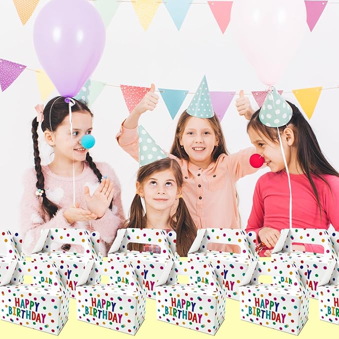 12 Pack Colorful Polka Dot Birthday Party Candy Boxes with Handles, Theme Gift Bags for Adults, Boys, Girls and Kids, Candy Gift Boxes for Party Favors, Birthday Wrapping and Polka Dot Decorations
