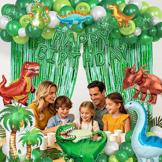 Dinosaur Birthday Party Decorations Supplies, 123Pcs Dinosaur Dark Lime Green White Balloons Garland Arch Kit Happy Birthday Dino Foil Balloon Curtain for Kids Boys Dino Jungle Safari Baby Shower