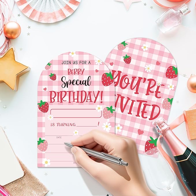 Special Berry Birthday Party Invitations, Strawberry Party Invitations for Girls, 20 Fill-In invites with Envelopes, Strawberry Theme Birthday Party Favor & Decoration (arch)