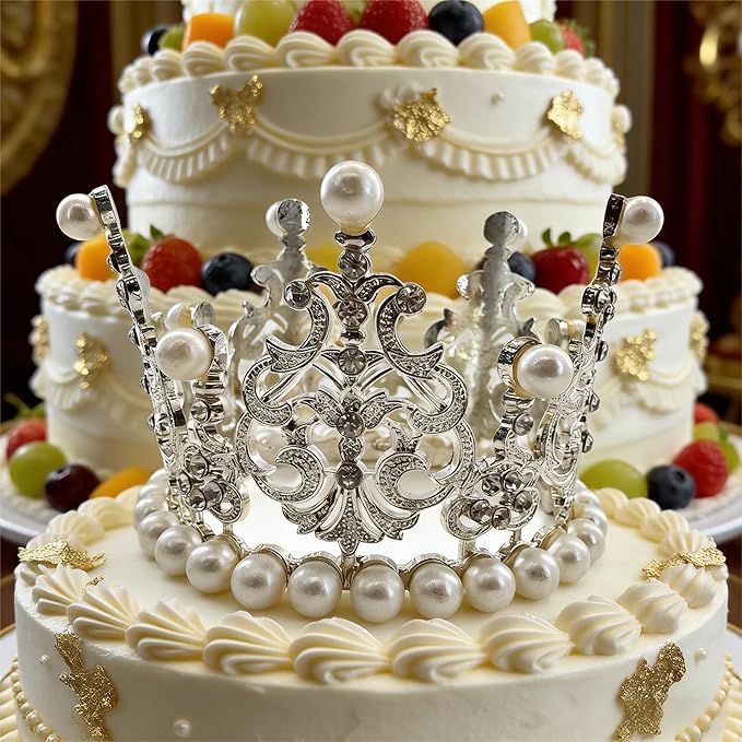 4 Pcs Crown Cake Topper Small Crystal Pearl Tiara Cupcake Toppers for Flower Arrangements Cupcake Queen Birthday Party Wedding Decor