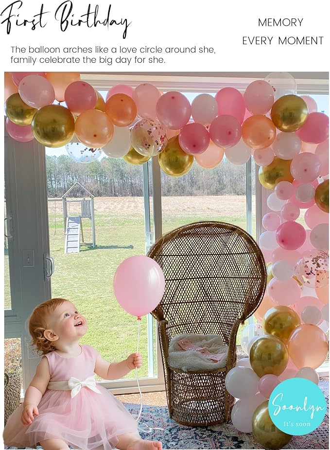 Soonlyn Rose Gold Balloons - 140 Pack, 12 Inch Gold & Pink, Pink Confetti, Arch Kit for Bridal & Baby Showers