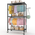 3-Tier Rolling Metal Garment Rack with Adjustable Shelves and Dual Hanging Rods, Heavy Duty Freestanding Clothing Organizer with Wheels for Bedroom, Closet, Dorm, or Laundry Room
