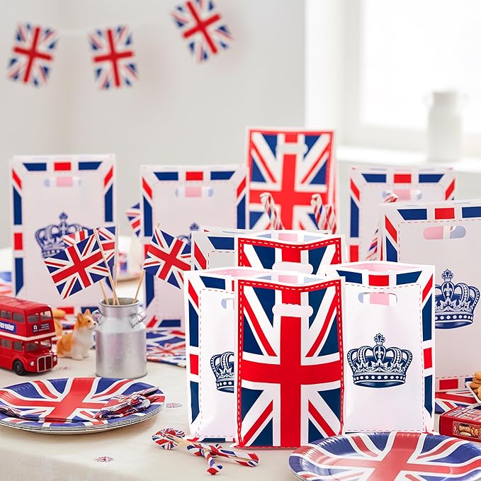 50Pcs British Flag England Party Favor Bag - UK Britain Crown Plastic Waterproof Goodie Bags United Kingdom Rectangular Gift Pack for Kids Family House Party Birthday Decoration Supplies