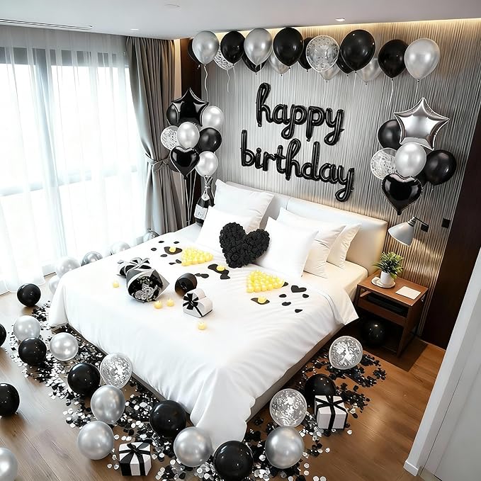 Realspring 120 Pcs Happy Birthday Decorations Set Balloons Letters Banner with Candle LED Light Champagne Bottle Wine Glass Rose Petals for Birthday Party Room Decor(Black and Sliver)