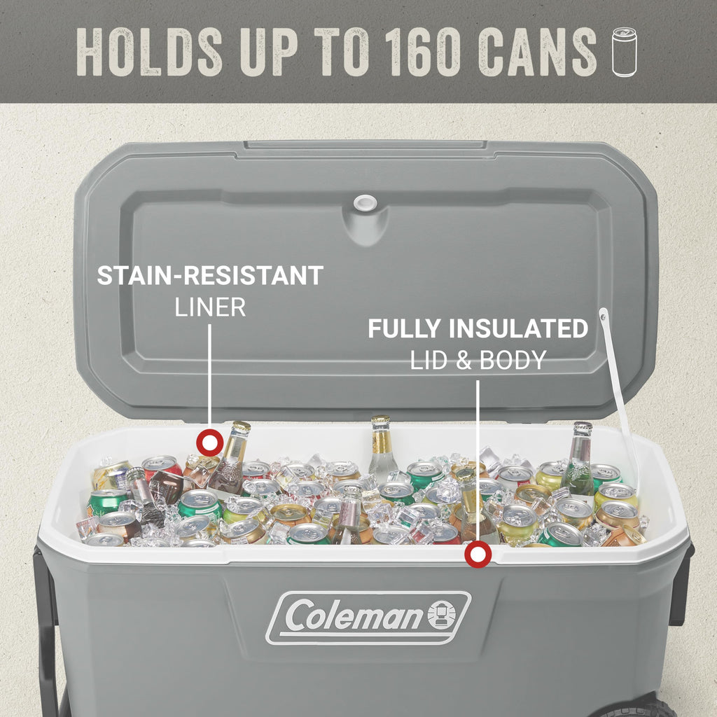 Coleman Classic Series Insulated Portable Rolling Cooler with Wheels, Leak-Resistant Outdoor Hard Cooler Keeps Ice up to 5 Days, 100-Quart