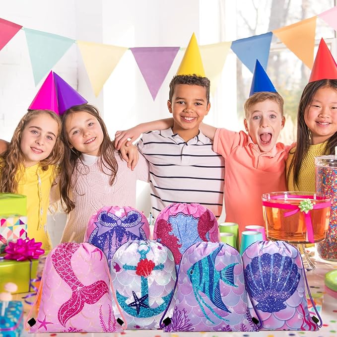 Shappy 24 Pack Drawstring Party Favors Bags Cartoon Animal Candy Goodie for Boys Birthday Kids Gift Return Girls Supplies(Mermaid)