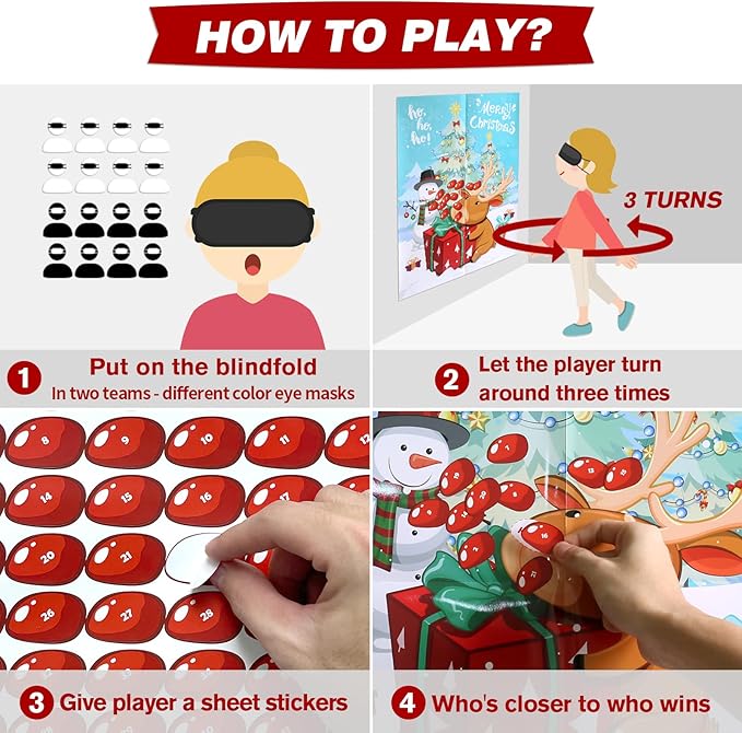 PARTYLOUD Christmas Party Games, Pin The Nose on The Reindeer, Christmas Holiday Party Games Supplies for Kids Families Adult Groups