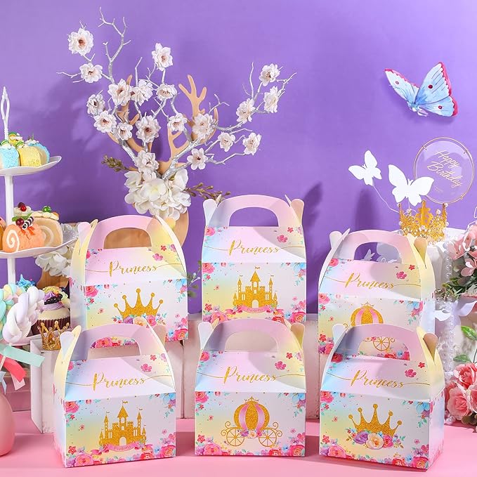 Nezyo Princess and Prince Treat Boxes - Pink & Blue Crown Cardboard Goodie Boxes for Birthday Party Favors(24 Pcs,Princess)