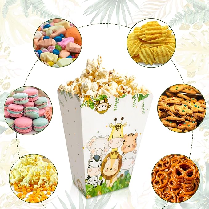 BACH AND BOUJEE 12Pcs Safari Animal Popcorn Boxes Jungle Safari Goodie Candy Boxes Jungle Wild One Birthday Party Favors Gift Bags Safari Baby Shower Decorations Zoo Animal Party Supplies