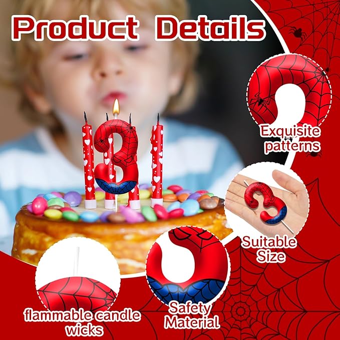 Spider Themed Birthday Candles Number 3 Red Blue Spider Web Themed Cake Topper Candle Party Decoration Birthday Party Celebrations Supplies Favors (Number 3)