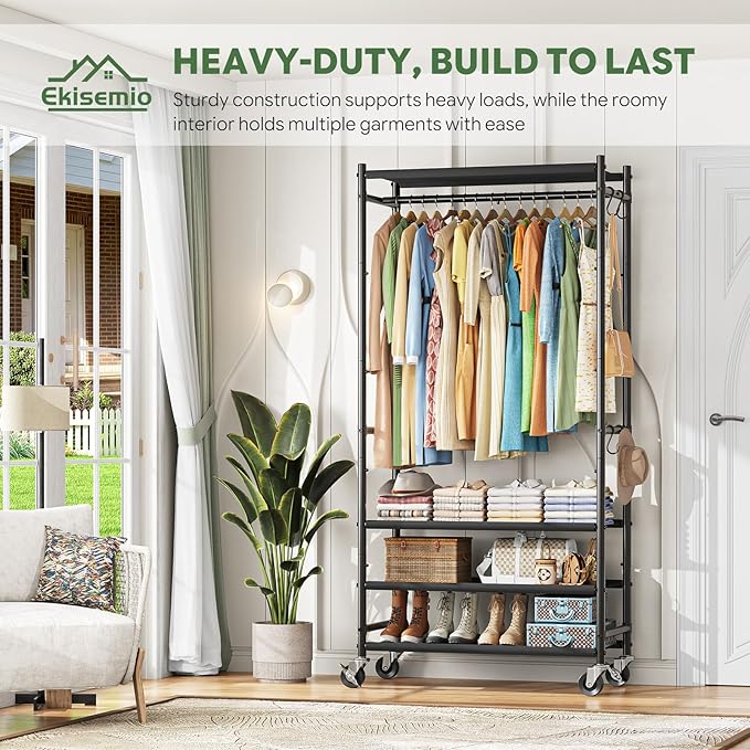 Ekisemio Heavy Duty Clothes Rack, 4 Tier Freestanding Garment Rack for Hanging Clothes with Shelves, Max Load 450 LBS, Rolling Clothing Racks for Bedroom Laundry, Black