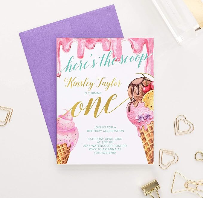 Modern Pink Paper Ice Cream Birthday Invitations for Girls, Ice Cream Invitations Birthday, Your choice of Quantity, Age, Info and Envelope Color