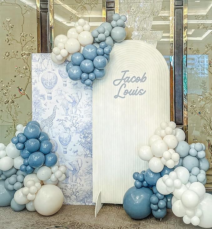 Dusty Blue Balloon Arch Kit, 102pcs Light Blue and White Difference Sizes Latex Balloons with 16ft Tape Strip & Dot Glue for Baby Shower, Birthday, Anniversary,Wedding Decoration