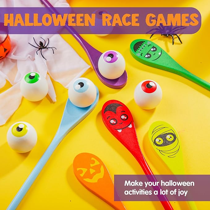 JOYIN Halloween Egg and Spoon Race Game Set; 6 Eyeballs and Spoons with Assorted Colors for Kids Adults Halloween Outdoor Fun Games, Party Favor Supplies, Classroom Activities