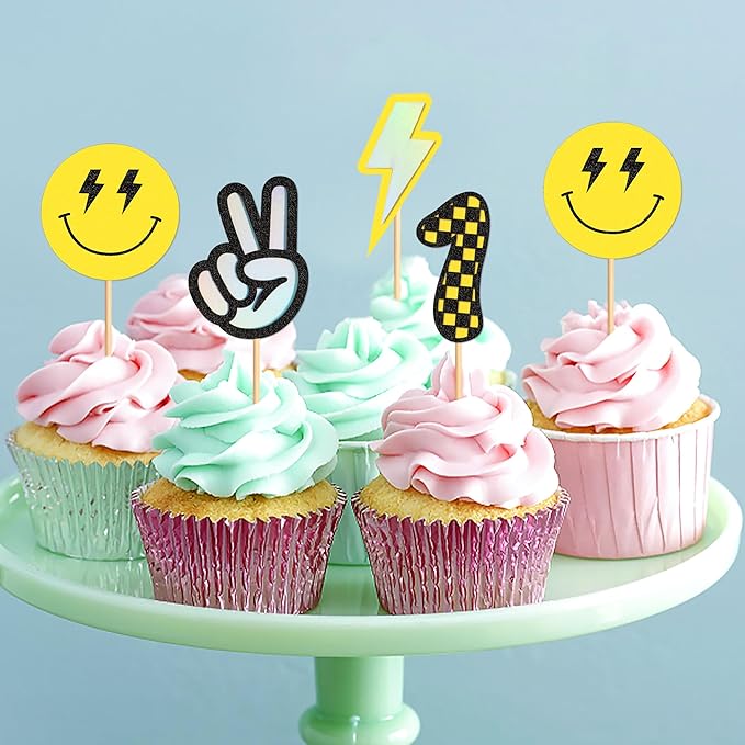Ercadio 24 Pack Smile Cupcake Toppers Yellow 1 Lightning Scissorhands Cupcake Picks Smiley Assorted Cake For Girls Baby Shower Birthday Party Cake Decoration Supplies