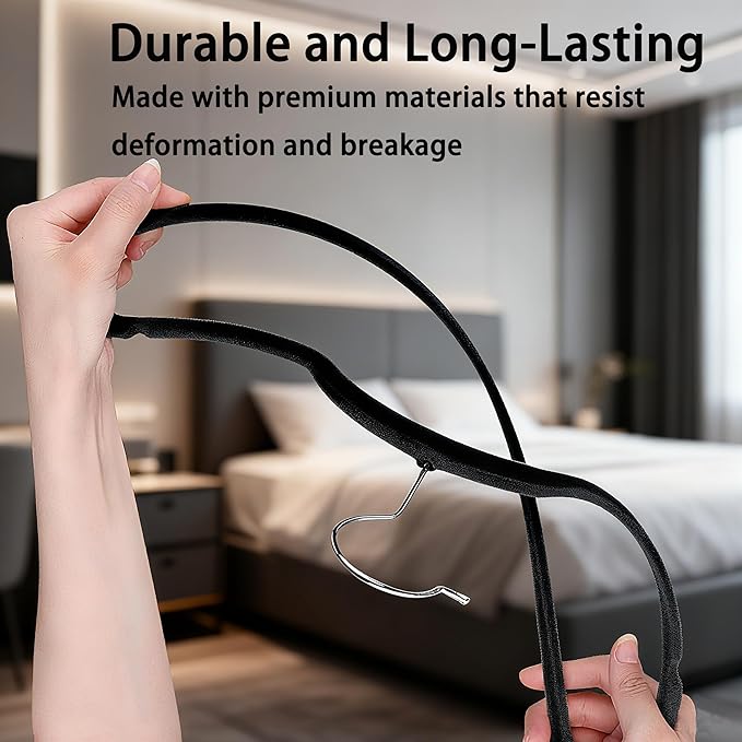 Velvet Hangers 50 Pack, Non Slip Clothes Hanger Felt Hanger with Pants Bar Slim Space Saving Suit Hangers for Closet Organizer, Heavy Duty Coat Hanger, 360° Rotating Hook(Black)