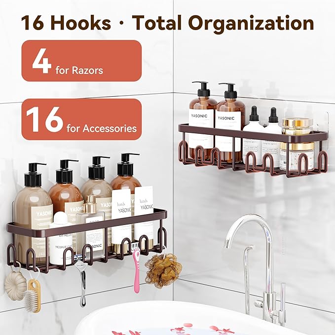 YASONIC Shower Caddy Adhesive 2-Pack, Rustproof Shower Organizer with Holder, No-Drill Shower Shelves for Inside the Shower, Large-Capacity Bathroom Organizers and Storage for Dorms & Renters, Bronze