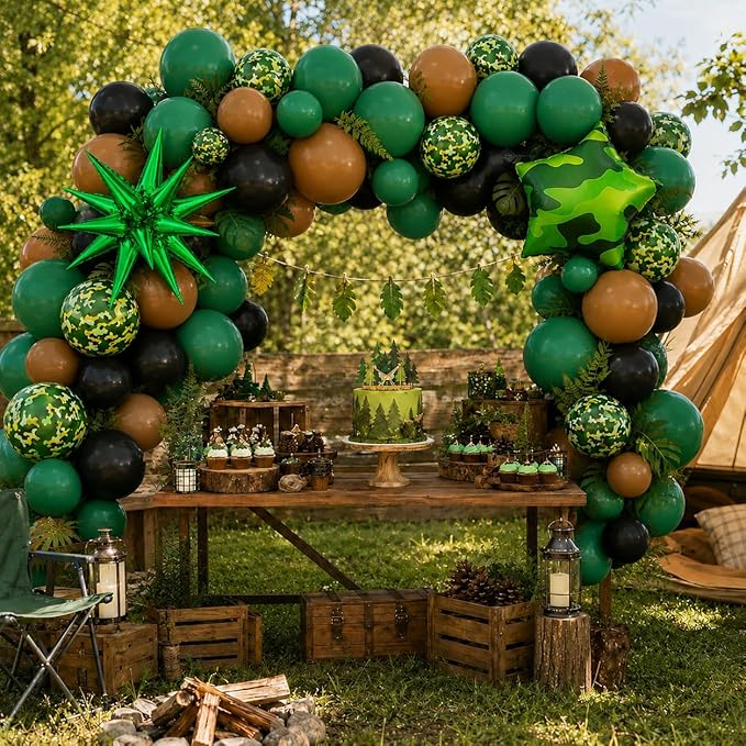 Camo Balloons, 12 Inch Green and Brown Party Balloons Camouflage Party Decoration with Star Foil Balloon for Hunting Camping Game Jungle Theme Camo Birthday Party Decorations