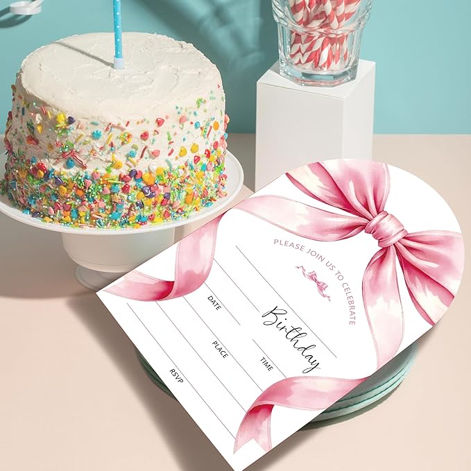 Pink Bow Birthday Party Invitations, Pink Ribbon Bow Party Invitations for Girls, 20 Fill-In invites with Envelopes, Birthday Party Favor & Decoration (arch)