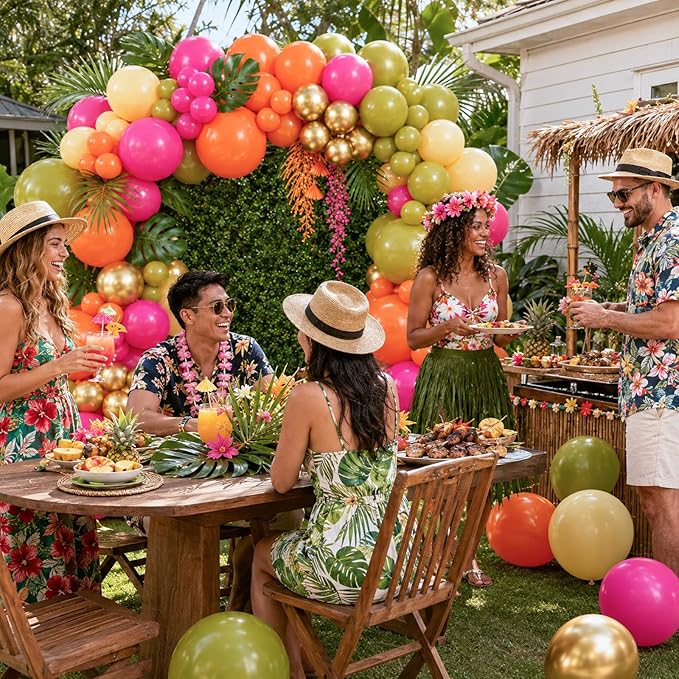 Tropical Hawaiian Balloons Arch Garland Kit, Olive Green Hot Pink Orange Yellow Metallic Gold Balloons for Kids Hawaii Summer Beach Luau Aloha Pool Birthday Flamingo Theme Baby Shower Party Decoration