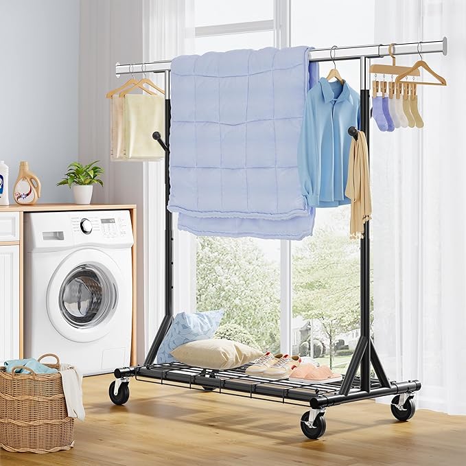 FAVOOSTY Heavy Duty Clothes Rack for Hanging Clothes, Rolling & Extending Clothing Rack with Wheels, Garment Coat Rack Freestanding, Portable Clothes Rack, Black