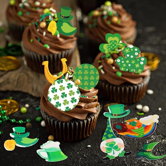 300 Pieces St. Patricks Day Cake Decorations Wafer Paper Cupcakes Topper St. Patricks Day Supplies Wafer Paper Birthday Cake Decor for Saint Patricks Day Theme Party Cake Cupcake Shamrock Gnome