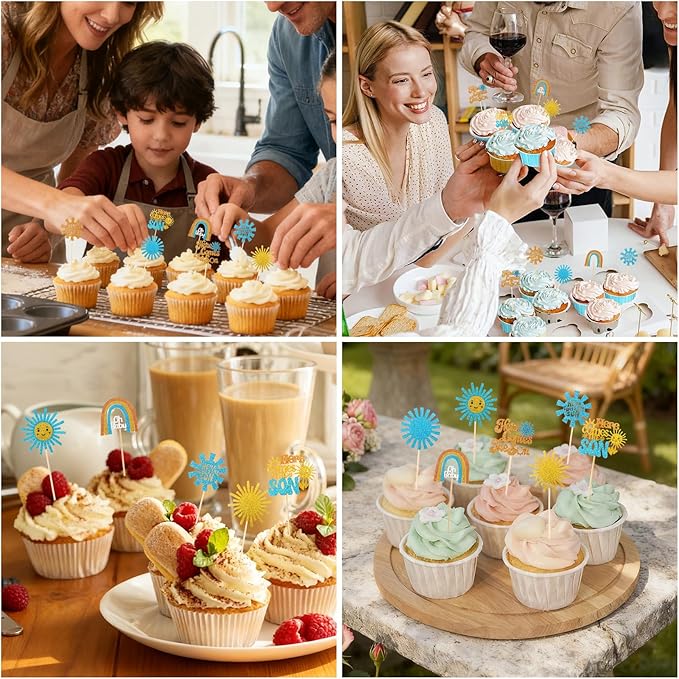 Here Comes the Son Cupcake Toppers, 24 PCS Here Comes the Son Baby Shower Decorations, Glitter Sun Themed Cupcake Party Decorations, Cupcakes Picks Food Picks for Baby Shower Party, Birthday, Wedding