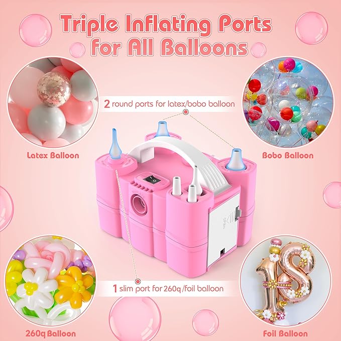 Balloon Pump, Triple Inflating Ports for 260q Foil Latex Mylar Balloon, 3-in-1 Electric Air Pump for Inflatables and Balloons, Inflator Deflator for Swimming Rings Air Mattress Pool Floats