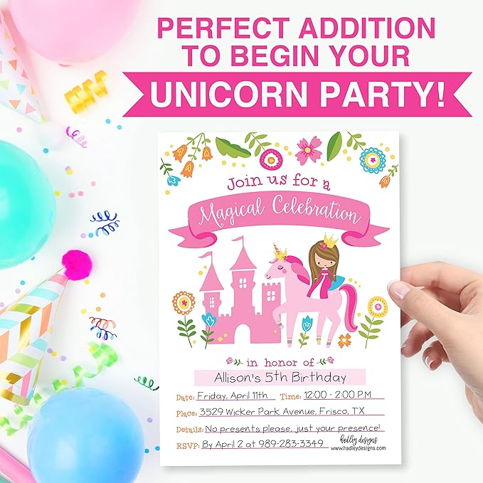 Hadley Designs Kids Birthday Invitations Girl Unicorn Theme - 25 Royal Birthday Party Invitations For Girls, Princess Invites For Girls, Cute Fairytale Party Supplies, Made in USA