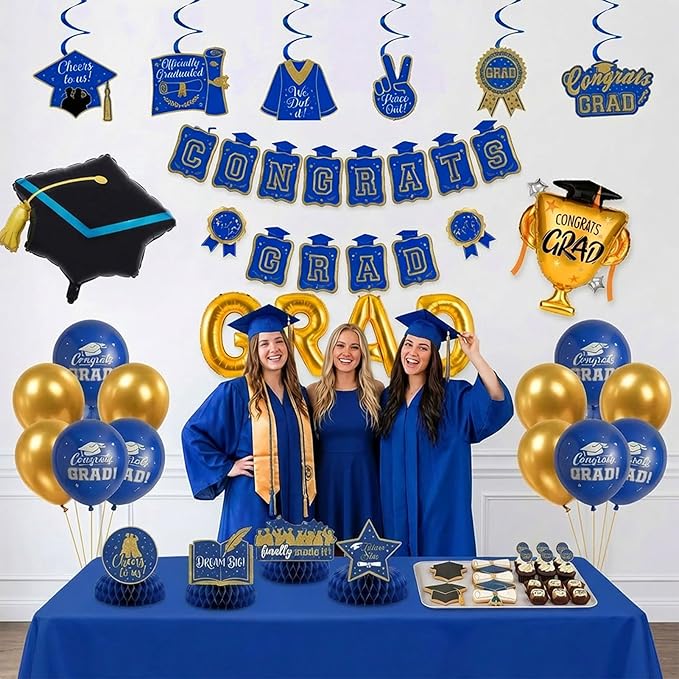 Royal blue Gold Balloons GRAD Print Balloons with Banner Table Honeycomb Centerpieces Hanging Swirl Graduation Cap trophy GRAD Letters Mylar Balloons for 2026 graduate Prom Decorations